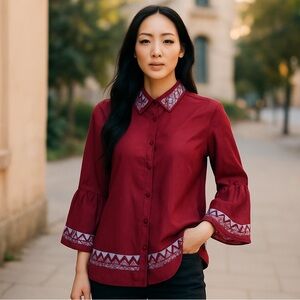 NWT Emerson Street Semi Sheer Rustic Brown Abstract Print Blouse